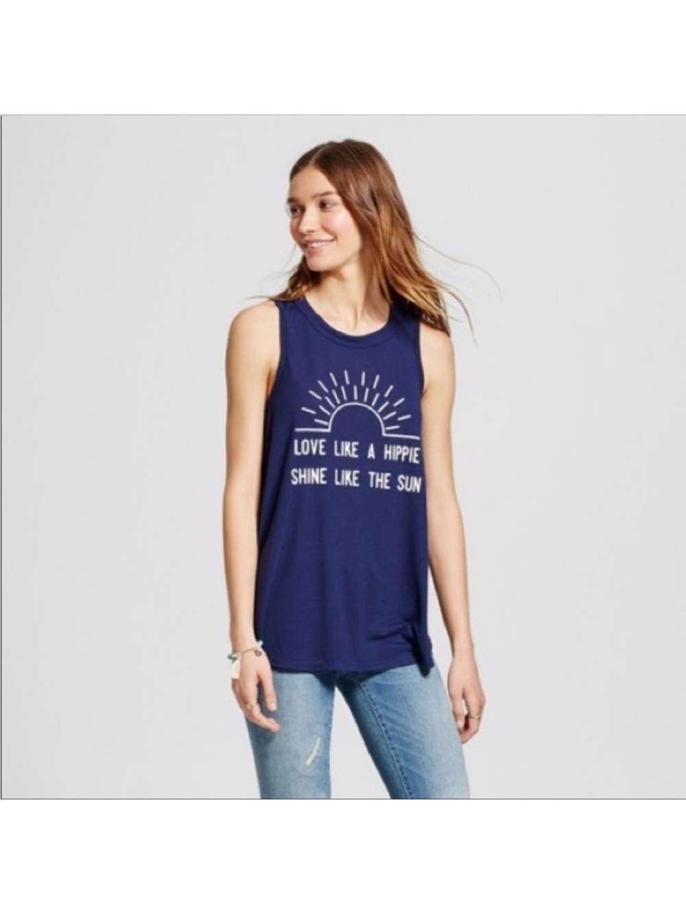 Navy Graphic Sleeveless Tank Top - 'Love Like a Hippie'